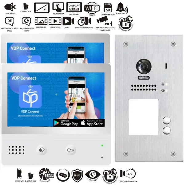 Video Türsprechanlagen Set für Zweifamilienhaus mit Bildspeicher und Touchscreen Wifi Appsteuerung